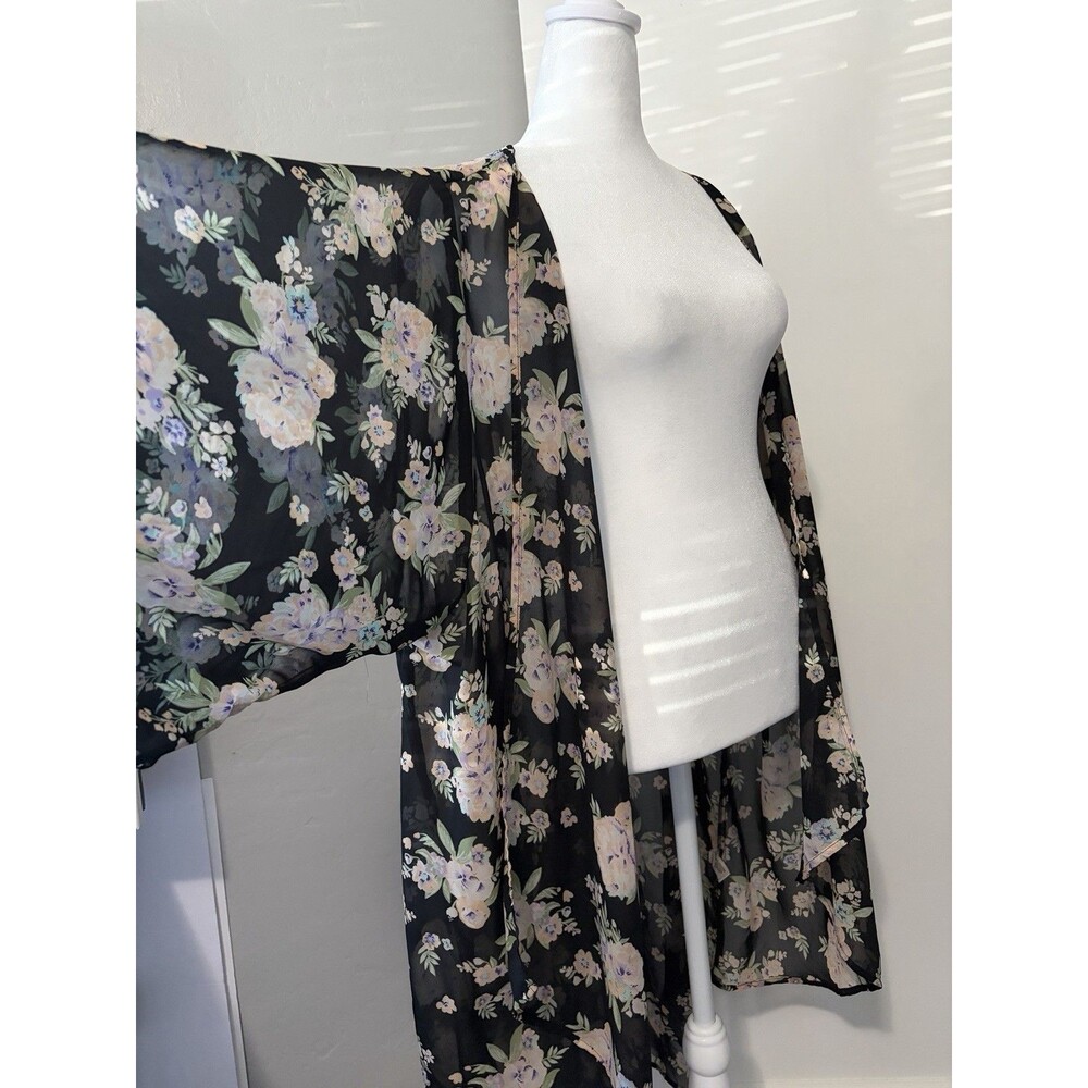 Mudd Sheer Floral Kimono Black Pink Boho Flowy Y2K Chiffon Duster Swim Cover Up